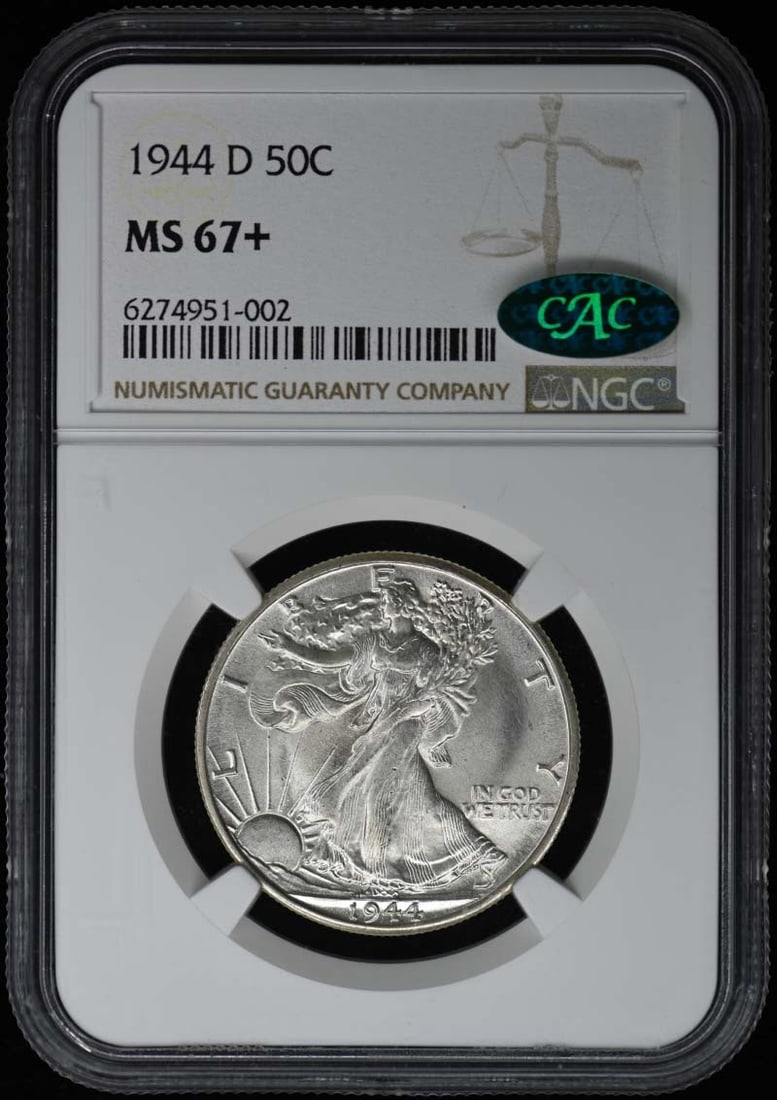 1944-D Walking Liberty Half Dollar NGC MS67+ CAC Certified: 1944-D Walking Liberty Half Dollar NGC MS67+ CAC Certified This stunning 1944-D Walking Liberty Half Dollar is graded MS67+ by NGC, indicating an exceptional level of quality and preservation. With it