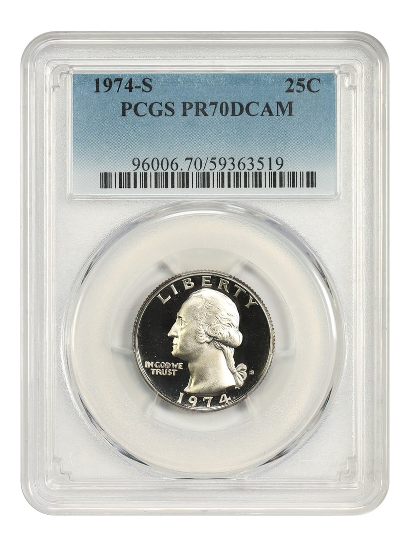 PCGS PR70DCAM 1974-S Washington Quarter 25C: PCGS PR70DCAM 1974-S Washington Quarter 25C 1974-S Washington Quarter graded PCGS PR70DCAM. The coin is an uncirculated 25C issue from the San Francisco mint, with certification number 59363519. Condi