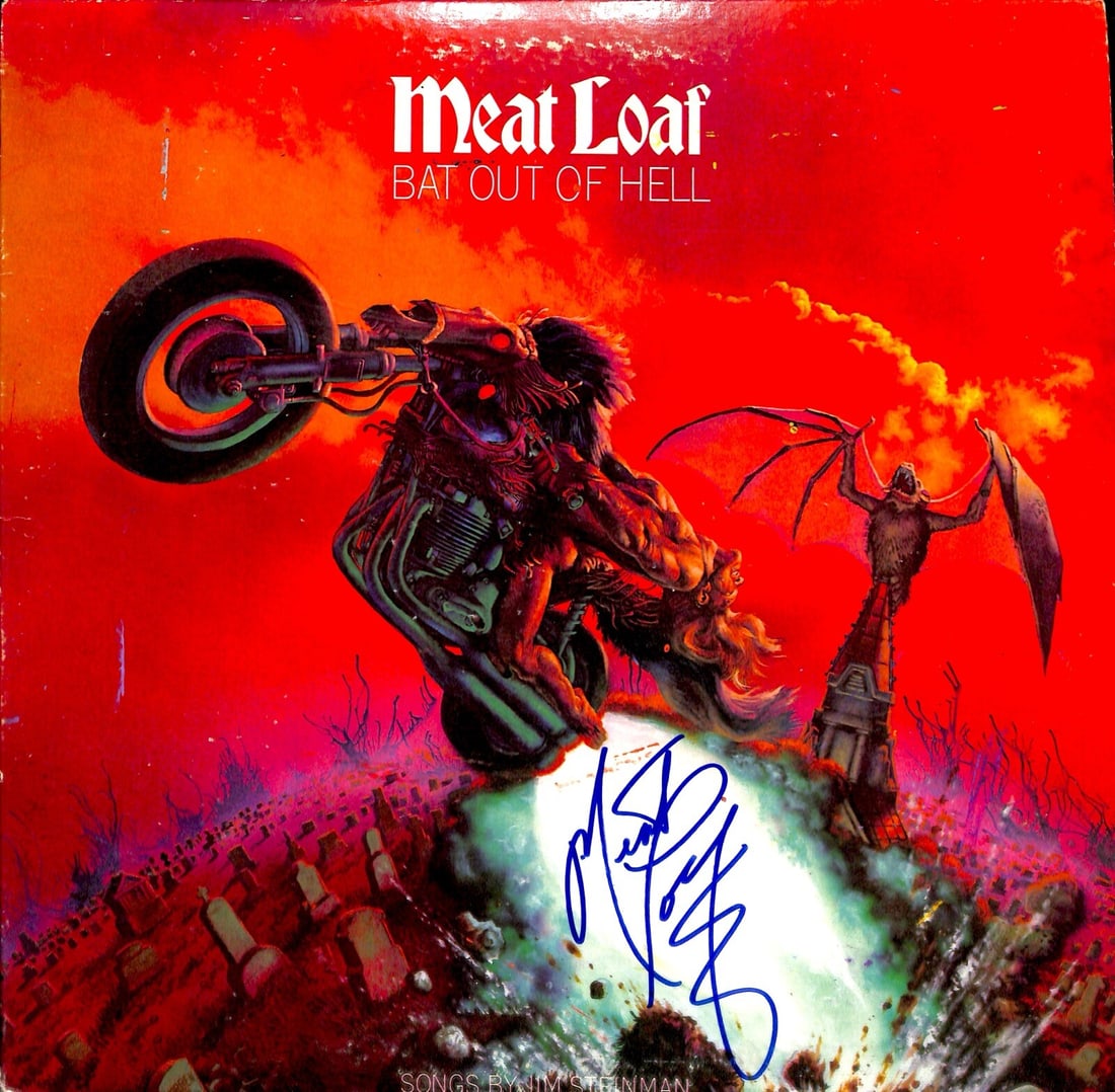 Meat Loaf Signed Bat Out of Hell Album Beckett Authenticated: Meat Loaf Signed Bat Out of Hell Album Beckett Authenticated This is an autographed original album of "Bat Out of Hell" by the legendary musician Meat Loaf. The album features a bold signature in blue