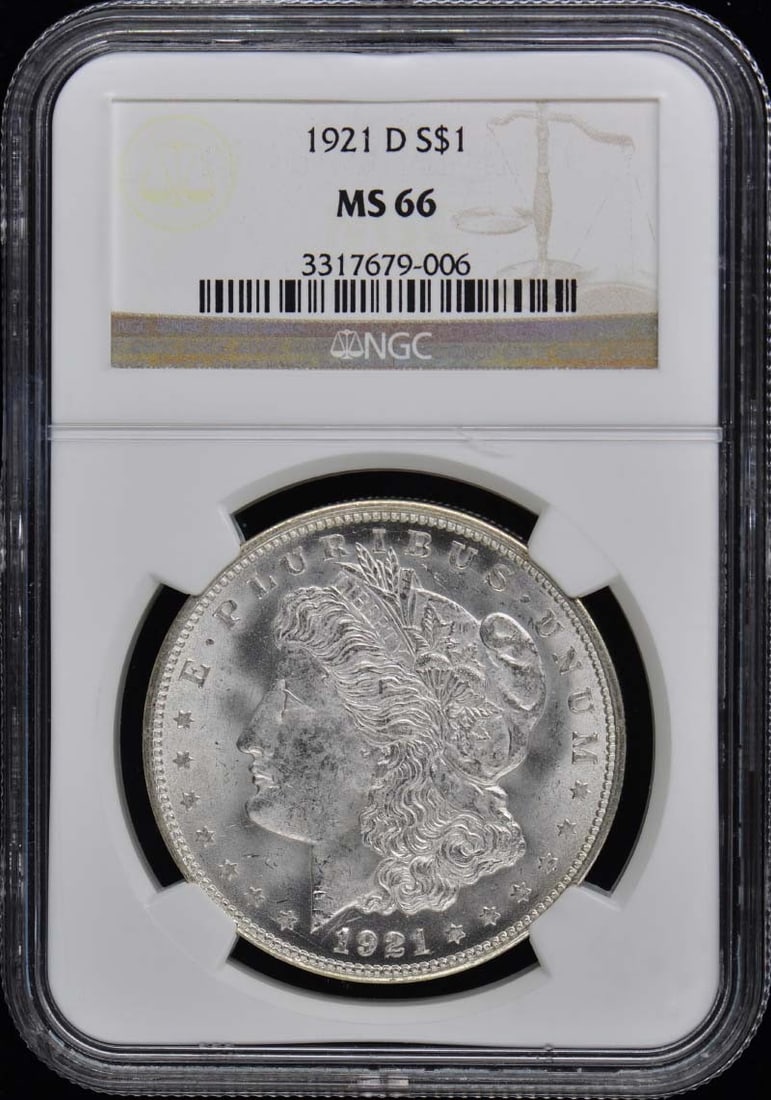 1921-D NGC MS66 Uncirculated Morgan Dollar Coin: 1921-D NGC MS66 Uncirculated Morgan Dollar Coin This stunning 1921-D Morgan Dollar is graded MS66 by NGC, ensuring its exceptional quality and uncirculated condition. Minted in Denver, this coin is a 