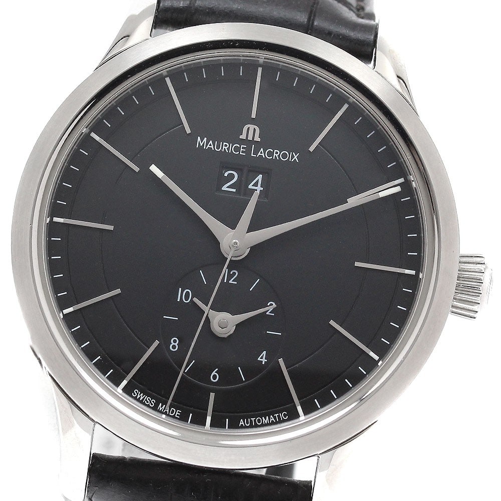 Maurice Lacroix Les Classiques automatic GMT date watch: Maurice Lacroix Les Classiques automatic GMT date watch This Maurice Lacroix Les Classiques Grand Date men's wristwatch features a stainless steel case paired with a black leather strap. The watch is 