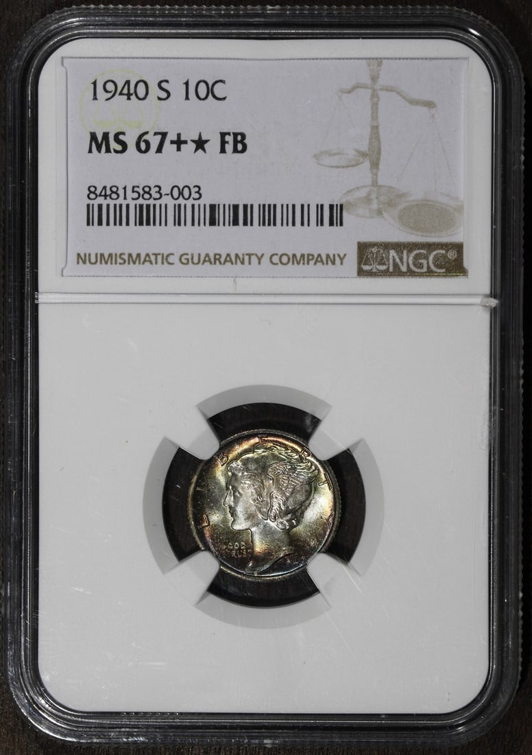 NGC MS67+ 1940-S Mercury Dime Rainbow Toned STAR FB: NGC MS67+ 1940-S Mercury Dime Rainbow Toned STAR FB This 1940-S Mercury Dime features vibrant rainbow toning and has been graded MS67+ STAR FB by NGC. Struck in San Francisco, this uncirculated coin i