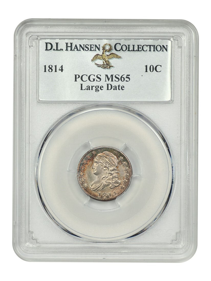 PCGS MS65 1814 Capped Bust Dime Large Date 10C: PCGS MS65 1814 Capped Bust Dime Large Date 10C An 1814 Capped Bust Dime, denomination 10C, graded MS65 by PCGS and attributed to the Large Date variety. The coin is certified by PCGS and is housed in 