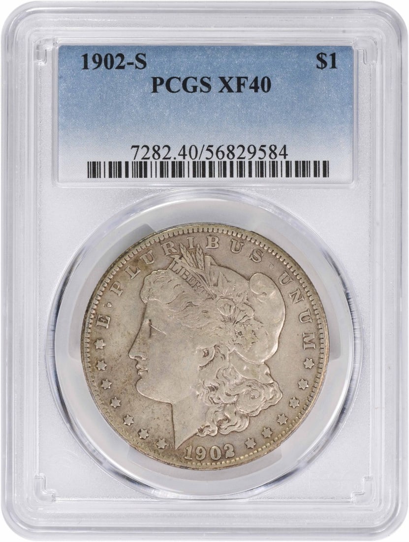1902-S Morgan Silver Dollar EF40 PCGS Certified Coin: 1902-S Morgan Silver Dollar EF40 PCGS Certified Coin This 1902-S Morgan Silver Dollar, graded EF40 by PCGS, is a remarkable piece hailing from the San Francisco mint. Crafted from 90% silver and 10% c