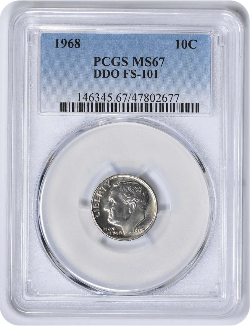 1968 Roosevelt Dime DDO FS-101 MS67 PCGS Uncirculated: 1968 Roosevelt Dime DDO FS-101 MS67 PCGS Uncirculated This 1968 Roosevelt Dime is a remarkable example of numismatic excellence, graded MS67 by PCGS. Featuring a stunning uncirculated finish, this coi