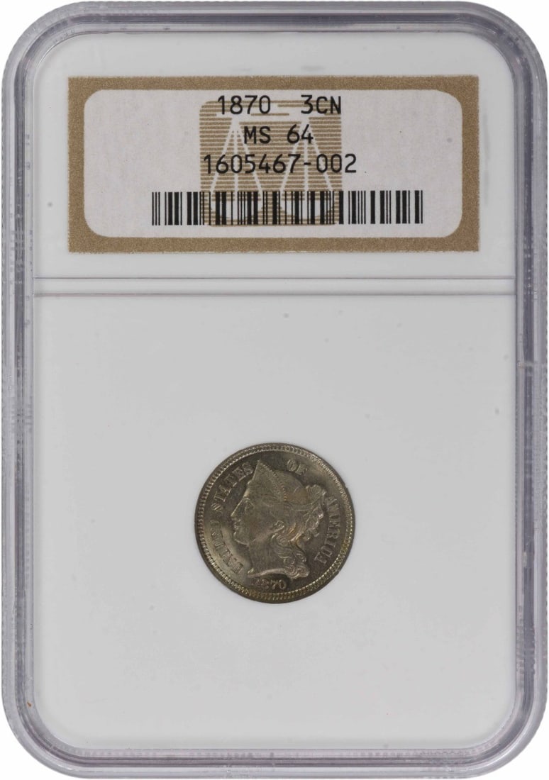 NGC MS64 1870 Silver 3C Nickel: NGC MS64 1870 Silver 3C Nickel This 1870 Three Cent Nickel coin is graded MS64 by NGC and is in uncirculated condition. Composed of silver, it features a denomination of 3 cents and was produced in th
