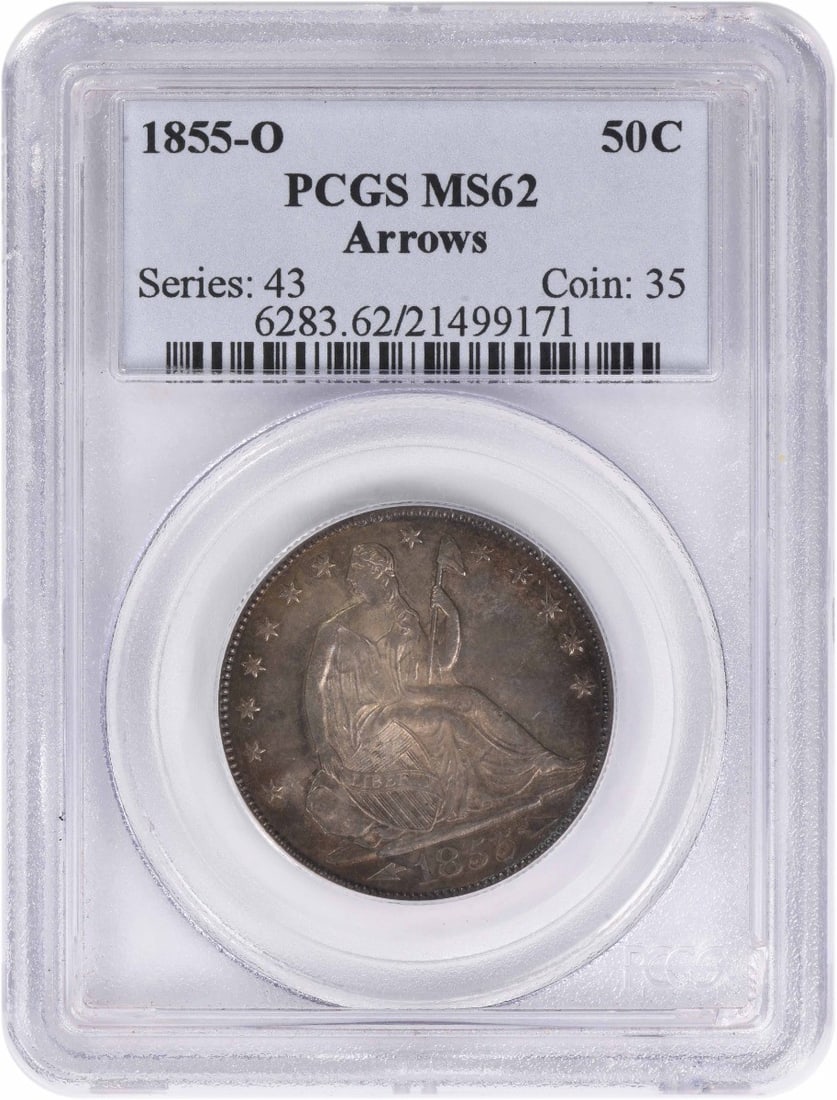 Seated Liberty 1855 O Silver Half Dollar MS62 PCGS Certified: Seated Liberty 1855 O Silver Half Dollar MS62 PCGS Certified This 1855-O Liberty Seated Silver Half Dollar features arrows at the date and is graded MS62 by PCGS. It is an uncirculated coin minted in 