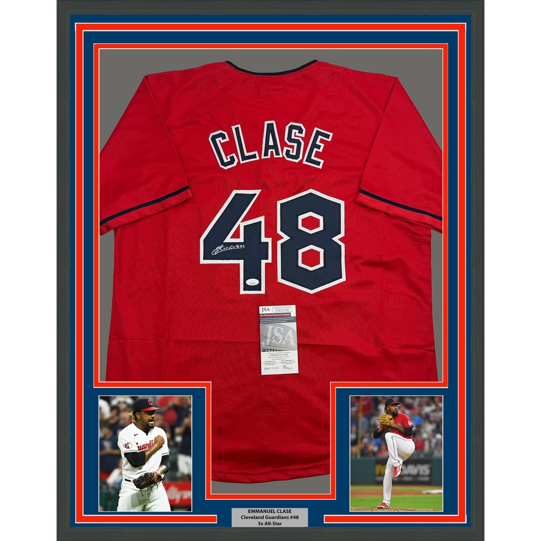 Framed Emmanuel Clase Autographed Jersey with JSA COA 35x39 Cleveland Guardians: Framed Emmanuel Clase Autographed Jersey with JSA COA 35x39 Cleveland Guardians This is a professionally framed and autographed Emmanuel Clase jersey, representing the Cleveland Guardians. The jersey 