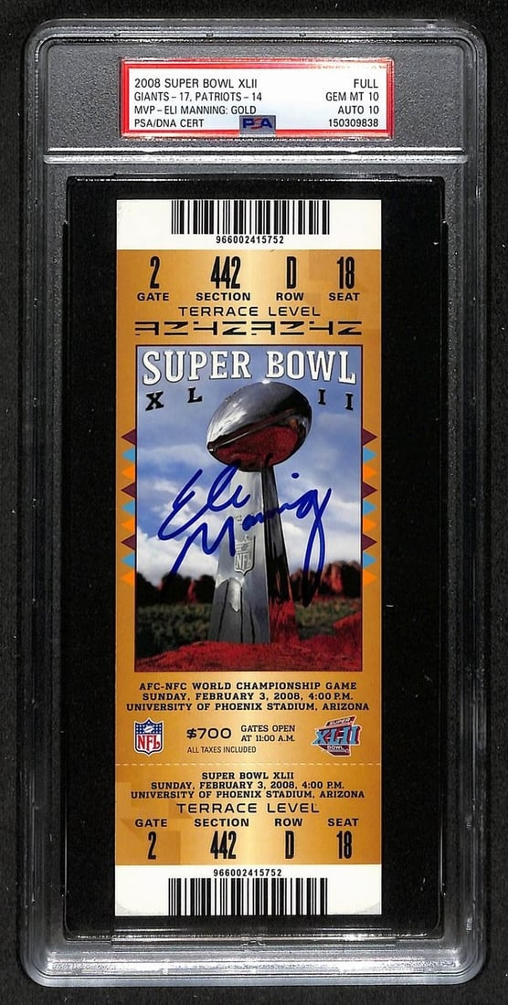 Super Bowl XLII Full Ticket Autographed by Eli Manning PSA 10 Gem Mint: Super Bowl XLII Full Ticket Autographed by Eli Manning PSA 10 Gem Mint This is an original full ticket from Super Bowl XLII (42), featuring the matchup between the New York Giants and the New England 