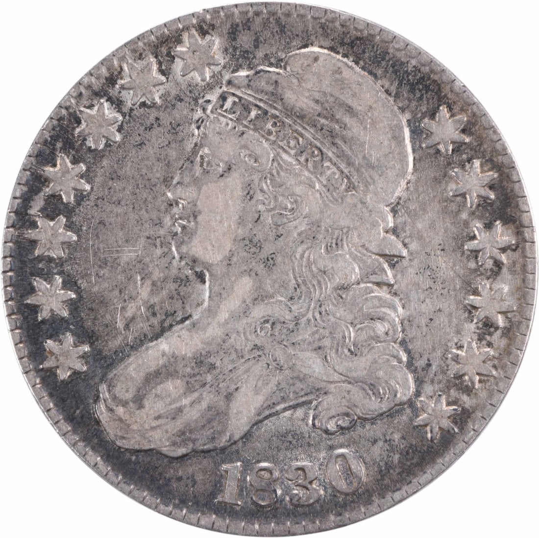 1830 Bust Silver Half Dollar VF Uncertified John Reich Design: 1830 Bust Silver Half Dollar VF Uncertified John Reich Design This 1830 Bust Silver Half Dollar features the classic design by John Reich. It is a circulated coin with a grade of Very Fine (VF), showc