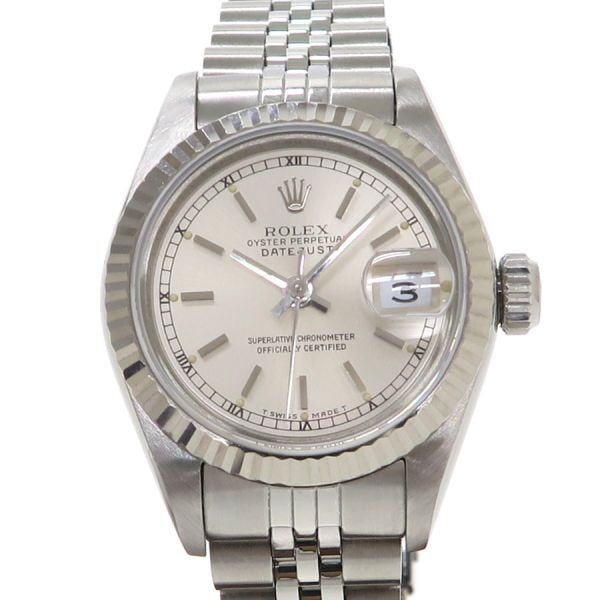 Rolex 69174 Datejust 26mm Ladies Wristwatch: Rolex 69174 Datejust 26mm Ladies Wristwatch This pre-owned ROLEX Datejust 26mm women's wristwatch, model 69174, is crafted from stainless steel and white gold. It features a dial with bar indexes and 