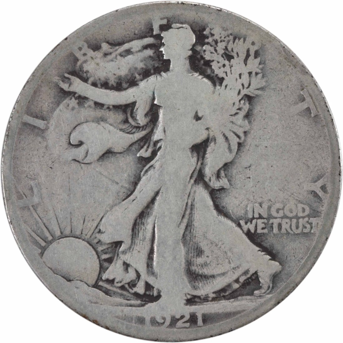 1921-S Walking Liberty Half Dollar 90% Silver by Weinman: 1921-S Walking Liberty Half Dollar 90% Silver by Weinman This 1921-S Walking Liberty Silver Half Dollar features a striking design by Adolph Alexander Weinman, showcasing the iconic Liberty Walking mo