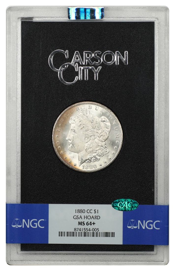 1880 Carson City Morgan Dollar $1 NGC MS64+ CAC GSA Case: 1880 Carson City Morgan Dollar $1 NGC MS64+ CAC GSA Case 1880-CC Morgan Dollar $1 certified by NGC and endorsed by CAC, with an MS64+ Plus Grade. This Carson City GSA example is housed in the original