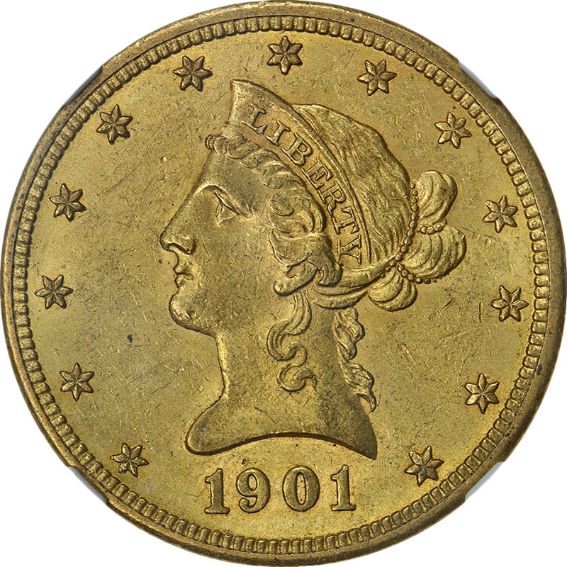 NGC AU58 Graded 1901-O Liberty $10 Gold Coin from New Orleans Mint: NGC AU58 Graded 1901-O Liberty $10 Gold Coin from New Orleans Mint This 1901-O Liberty Gold $10 coin is certified by NGC with a grade of AU58. It features attractive eye appeal and a strong strike, di
