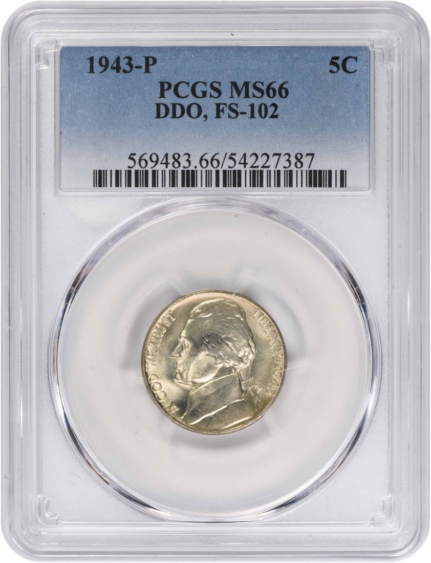 Jefferson Nickel 1943 Philadelphia DDO FS-102 MS66 PCGS Certified: Jefferson Nickel 1943 Philadelphia DDO FS-102 MS66 PCGS Certified This 1943-P Jefferson Nickel is a Double Die Obverse (DDO) FS-102 variety, graded MS66 by PCGS. Struck at the Philadelphia Mint, it fe