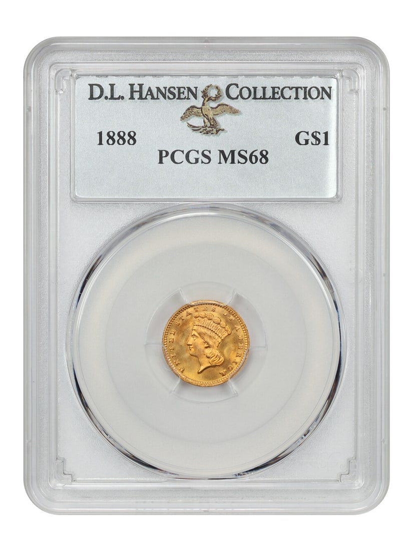 1888 G$1 Gold Dollar PCGS MS68 Uncirculated D.L. Hansen: 1888 G$1 Gold Dollar PCGS MS68 Uncirculated D.L. Hansen This stunning 1888 G$1, certified by PCGS with certification number 85194843, is graded MS68, making it an uncirculated ultra-gem quality coin. 