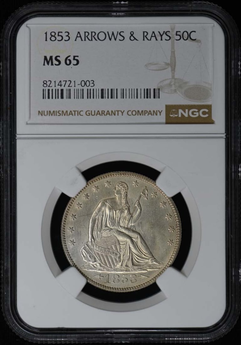1853 NGC MS65 Seated Liberty Half Dollar Arrows Rays: 1853 NGC MS65 Seated Liberty Half Dollar Arrows Rays This is an 1853 Liberty Seated Half Dollar featuring Arrows and Rays, graded MS65 by NGC. The coin is uncirculated and was minted in Philadelphia. 