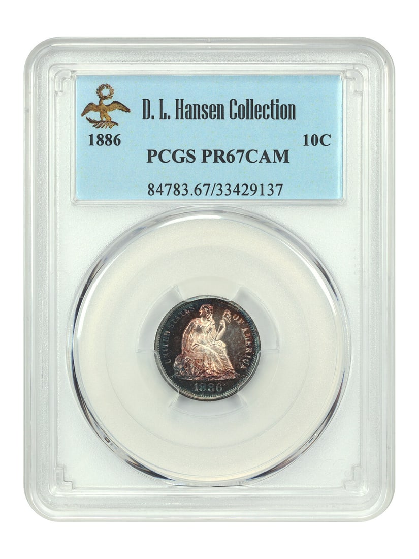 Liberty Seated Dime 1886 PCGS PR67CAM 10C: Liberty Seated Dime 1886 PCGS PR67CAM 10C An 1886 Liberty Seated Dime, graded PR67CAM by PCGS, from the Philadelphia Mint. The coin is an uncirculated proof example with deep jewel toning covering the