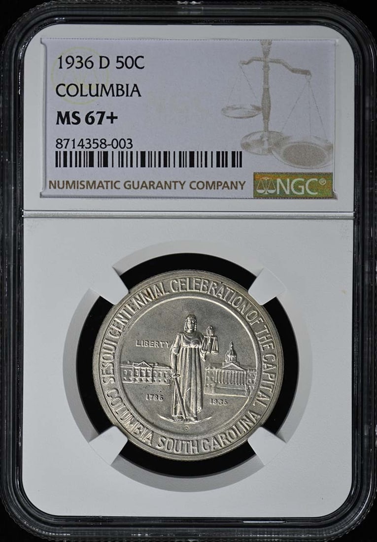 1936-D Columbia 50C Silver Commemorative NGC MS67+: 1936-D Columbia 50C Silver Commemorative NGC MS67+ This is a 1936-D Columbia silver commemorative half dollar graded MS67+ by NGC. Struck at the Denver Mint, this uncirculated coin is a pre-owned Unit