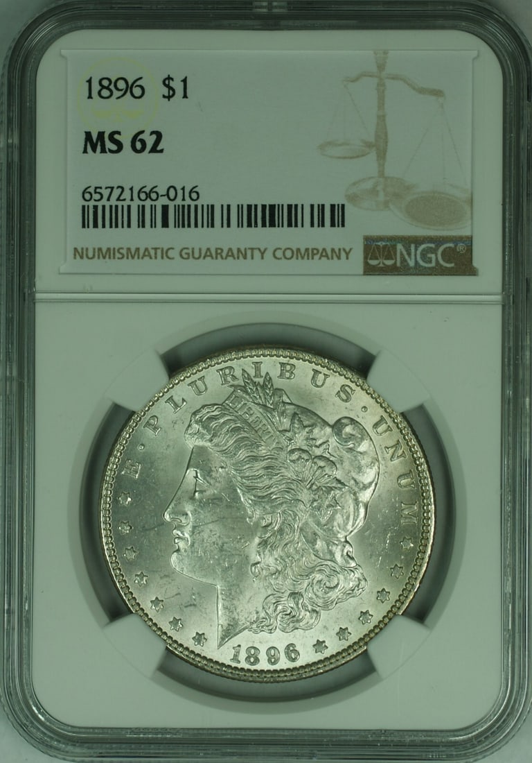 NGC MS-62 1896 Silver Morgan Dollar Coin Philadelphia Mint: NGC MS-62 1896 Silver Morgan Dollar Coin Philadelphia Mint This is an 1896 Morgan Silver Dollar $1 coin certified by NGC with a grade of MS-62. The coin was minted in Philadelphia, United States, and 