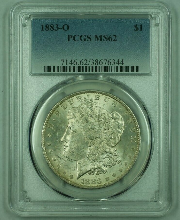 PCGS MS-62 1883-O Morgan Dollar Uncirculated Light Toning Silver Coin: PCGS MS-62 1883-O Morgan Dollar Uncirculated Light Toning Silver Coin This 1883-O Morgan Silver Dollar was minted in New Orleans and is graded MS-62 by PCGS. Featuring a lightly toned finish, this unc