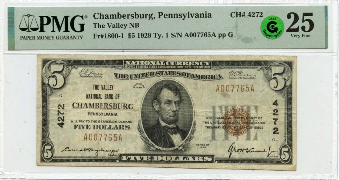 1929 $5 Valley National Bank Note PMG VF25 Chambersburg PA: 1929 $5 Valley National Bank Note PMG VF25 Chambersburg PA This is a 1929 $5 Valley National Bank note from Chambersburg, PA, designated with CH#4272. The note is graded as VF25 by PMG, indicating it 