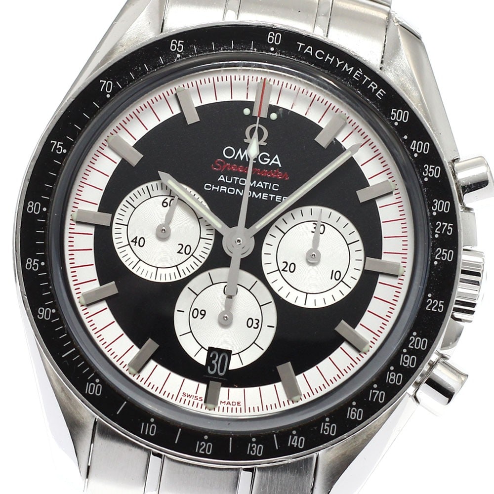 Omega Speedmaster Legend Schumacher Automatic Date Wristwatch: Omega Speedmaster Legend Schumacher Automatic Date Wristwatch This is an OMEGA Speedmaster Legend Michael Schumacher Date Automatic wristwatch designed for men. Made in Switzerland, this pre-owned tim