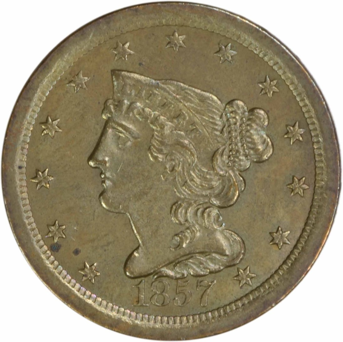 1857 Braided Hair Half Cent Copper Choice BU Uncertified: 1857 Braided Hair Half Cent Copper Choice BU Uncertified This 1857 Braided Hair Half Cent is an uncirculated coin graded as Choice BU. Struck in copper, it features no mint mark and is from the United