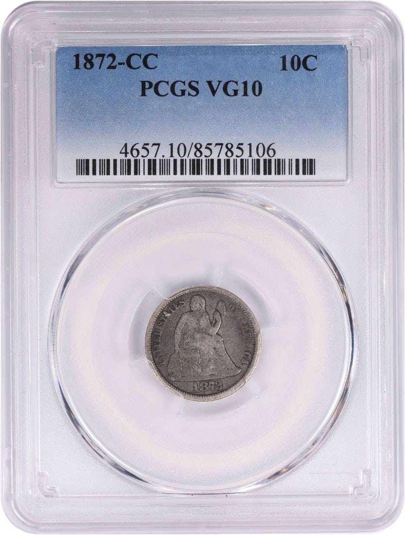 PCGS VG10 1872-CC Seated Liberty 10C Silver Dime: PCGS VG10 1872-CC Seated Liberty 10C Silver Dime This 1872 Liberty Seated Silver Dime was minted in Carson City and features the classic design by Gobrecht. Composed of 90% silver and 10% copper, this