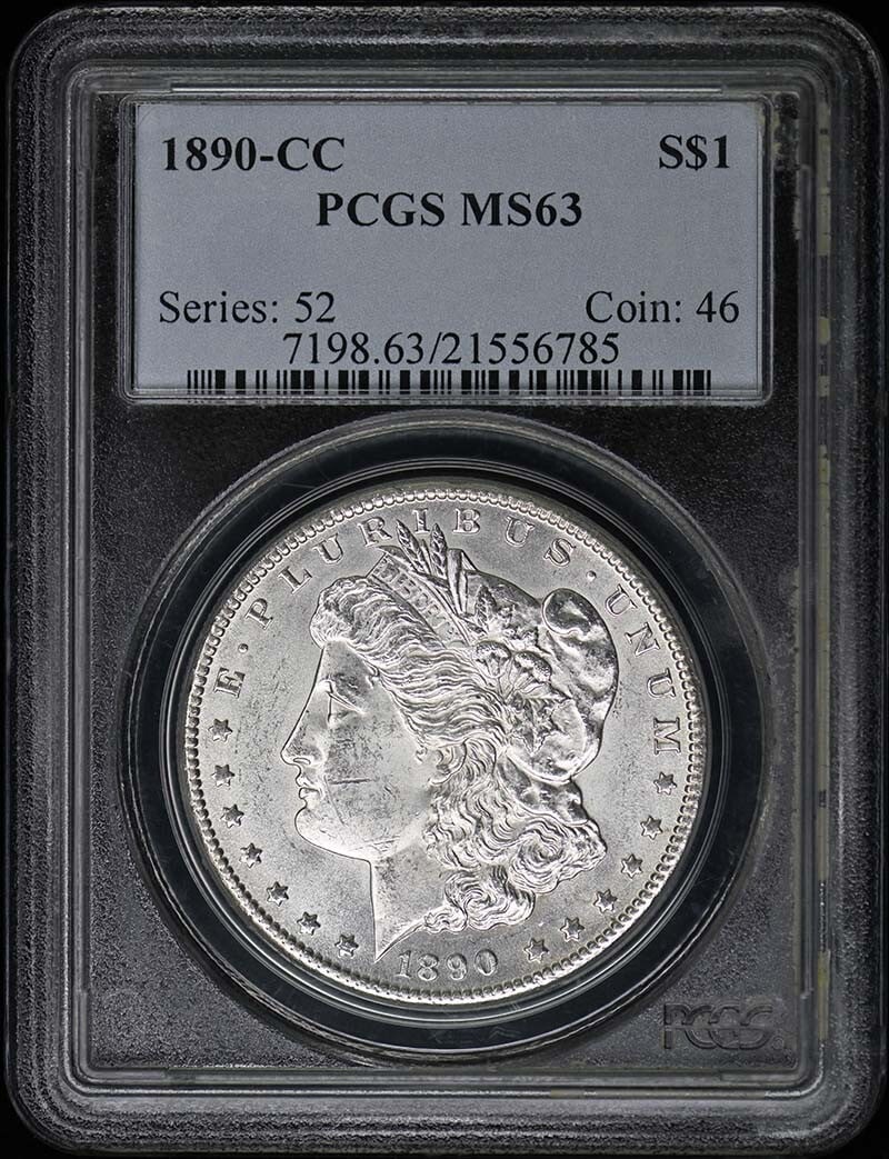 1890-CC Morgan Dollar PCGS MS63 Uncirculated Coin: 1890-CC Morgan Dollar PCGS MS63 Uncirculated Coin This stunning 1890-CC Morgan Dollar is certified by PCGS with a grade of MS63, representing an uncirculated condition. Minted in Carson City, this coi