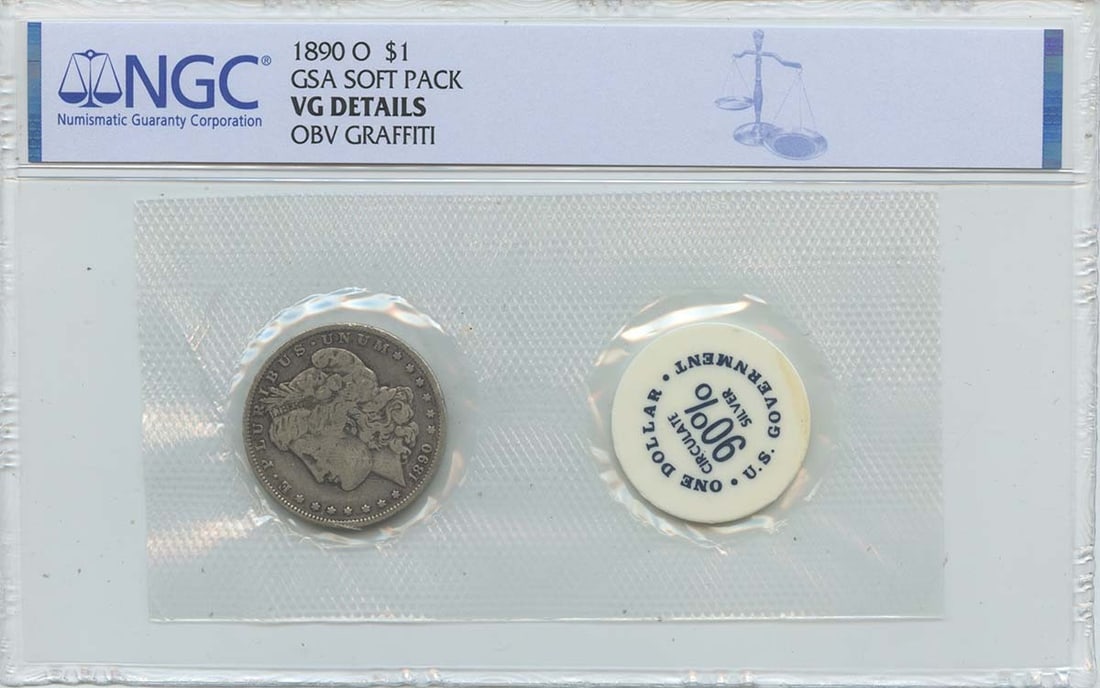 NGC Certified 1890-O Morgan Dollar in GSA Soft Pack VG Details: NGC Certified 1890-O Morgan Dollar in GSA Soft Pack VG Details This is an 1890-O Morgan Dollar presented in a GSA soft pack. Certified by NGC with a grade of VG Details, this coin was minted in New Or