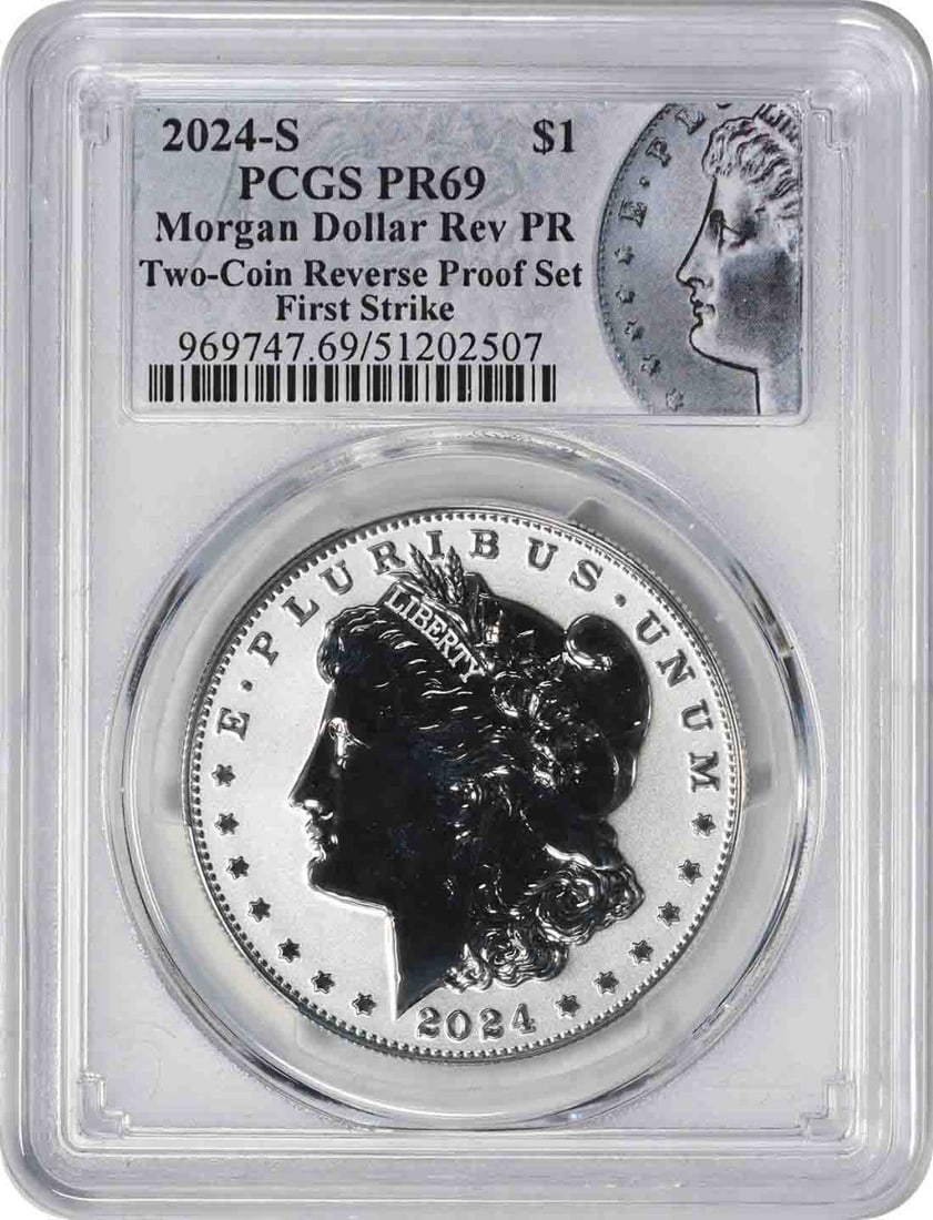PCGS PR69 2024-S Morgan Silver Dollar Reverse Proof Set issue: PCGS PR69 2024-S Morgan Silver Dollar Reverse Proof Set issue This 2024-S Morgan Silver Dollar is a PCGS-certified uncirculated coin from a reverse proof set. It is graded PR69, carries the Morgan lab
