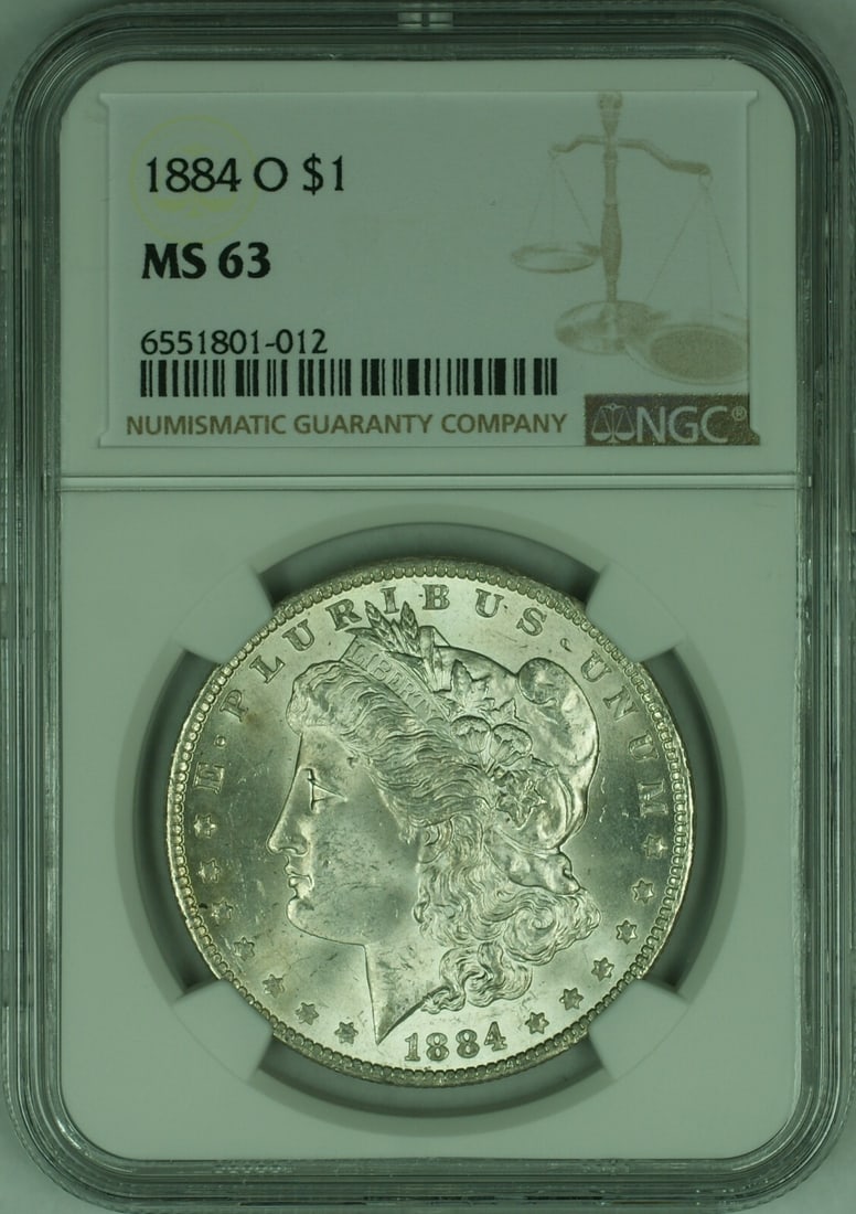 NGC MS-63 Certified 1884-O Morgan Silver Dollar Uncirculated New Orleans Mint: NGC MS-63 Certified 1884-O Morgan Silver Dollar Uncirculated New Orleans Mint This 1884-O Morgan Silver Dollar coin is certified by NGC with a grade of MS 63. Minted in New Orleans, it is composed of 