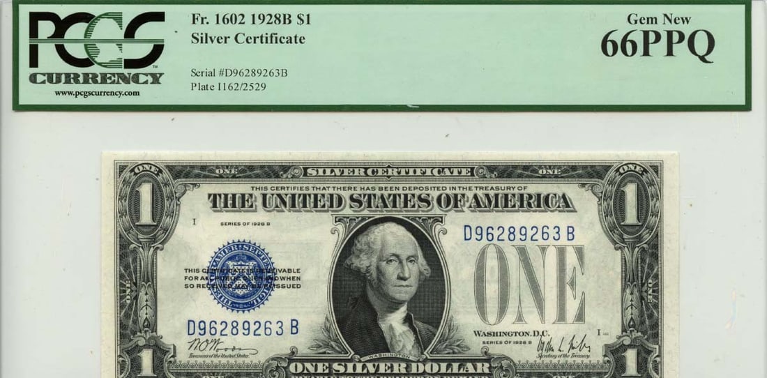 1928B $1 Silver Certificate Blue Seal FR1602 PCGS MS66 Uncirculated: 1928B $1 Silver Certificate Blue Seal FR1602 PCGS MS66 Uncirculated This 1928B $1 Silver Certificate features a striking blue seal and is officially certified by PCGS Currency, bearing certification n