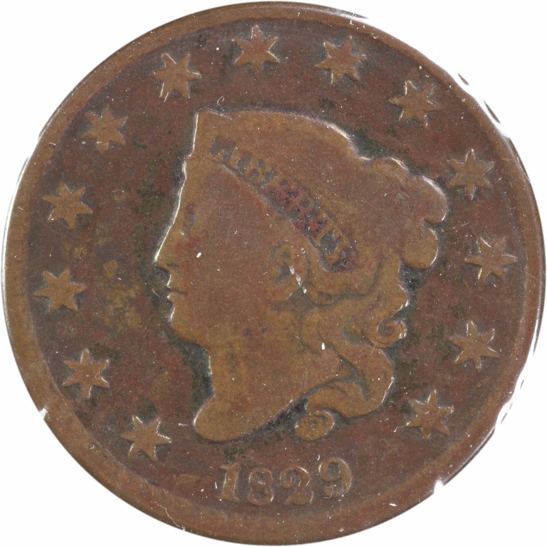 1829 Coronet Head Large Cent Copper Coin VG Grade Uncertified: 1829 Coronet Head Large Cent Copper Coin VG Grade Uncertified This 1829 Coronet Head Large Cent features the medium letter N-5 variety and is graded VG (Very Good). Struck at the Philadelphia Mint, th