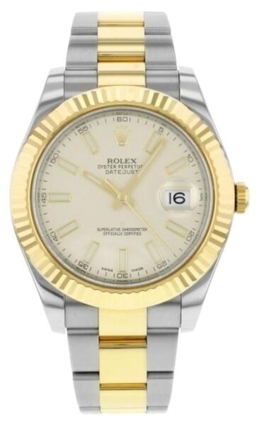 Rolex 116333 Datejust II Oyster Bracelet Ivory Stick Dial Watch 2010: Rolex 116333 Datejust II Oyster Bracelet Ivory Stick Dial Watch 2010 The Rolex Datejust II is a men's luxury timepiece featuring an ivory stick dial and a fluted bezel. This model includes an Oyster b