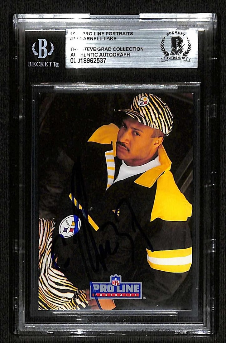 Beckett Slabbed 1991 Pro Line Portraits Carnell Lake Steelers Autograph Card: Beckett Slabbed 1991 Pro Line Portraits Carnell Lake Steelers Autograph Card This is a 1991 Pro Line Portraits football trading card featuring Carnell Lake in his Pittsburgh Steelers uniform. The card