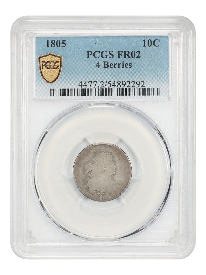 PCGS Fair 02 1805 Draped Bust 10C Dime 4 Berries: PCGS Fair 02 1805 Draped Bust 10C Dime 4 Berries This is an 1805 Draped Bust Dime with the 4 Berries reverse variety. The coin is certified by PCGS and has received a Fair 02 grade. It was minted in P