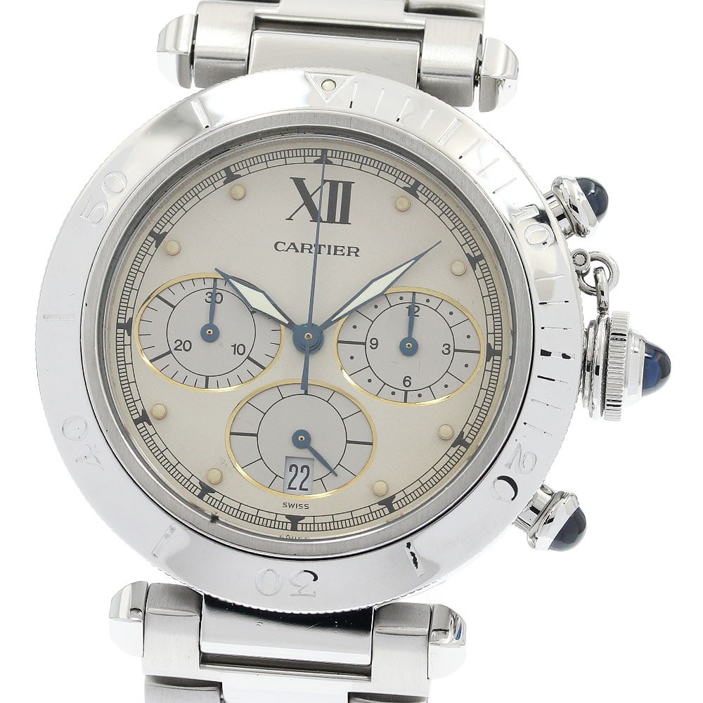 Cartier Pasha Quartz Chronograph 38mm Stainless Steel Beige Date Mens Watch: Cartier Pasha Quartz Chronograph 38mm Stainless Steel Beige Date Mens Watch This Cartier Pasha 38mm W31004H3 chronograph wristwatch features a stainless steel case and a beige dial with date display. 