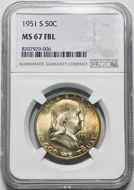 1951 S Franklin Half Dollar NGC MS67 FBL Silver with Vibrant Colors: 1951 S Franklin Half Dollar NGC MS67 FBL Silver with Vibrant Colors This stunning 1951 S Franklin Half Dollar is certified by NGC with a remarkable grade of MS-67, showcasing Full Bell Lines and vibra