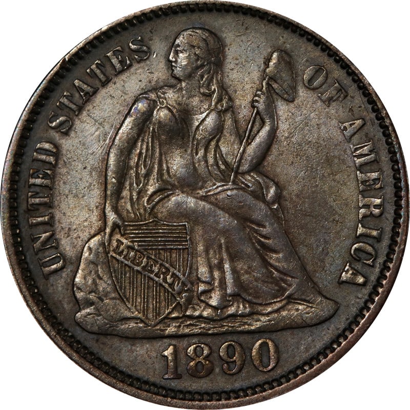 1890 Philadelphia Seated Liberty silver dime: 1890 Philadelphia Seated Liberty silver dime This is an 1890 Seated Liberty Dime from the United States, composed of silver with a fineness of 0.9. The coin is circulated and comes from the Philadelph
