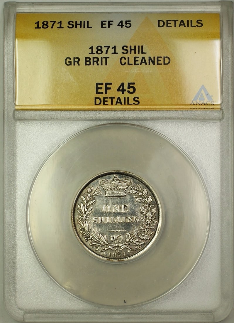 1871 Great Britain Shilling Silver ANACS EF-45 Details Die 21: 1871 Great Britain Shilling Silver ANACS EF-45 Details Die 21 This is an 1871 Great Britain one shilling silver coin, Die 21, graded by ANACS as EF-45 Details. The coin is circulated and has been note