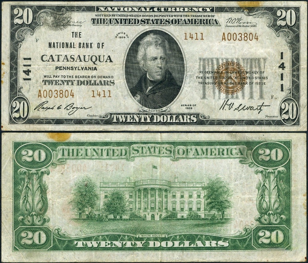 $20 Catasauqua Pennsylvania 1929 T-2 National Bank Note CH 1411 VF (1 of 3)