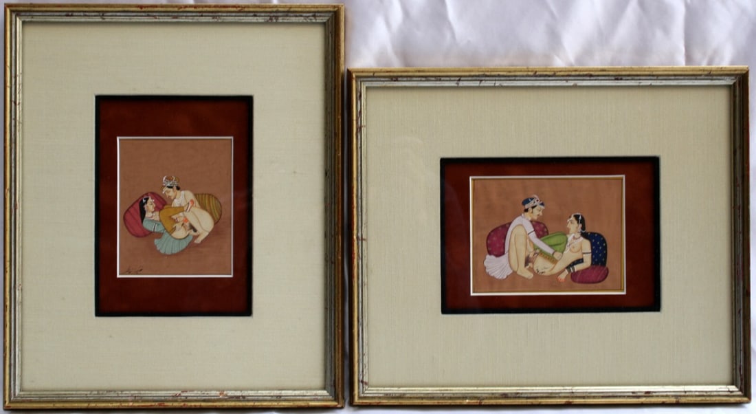 19th Century Indian Erotic Watercolors Pair Framed Signed Nudes: 19th Century Indian Erotic Watercolors Pair Framed Signed Nudes This exquisite pair of original 19th-century Indian erotic watercolors showcases remarkable detail and craftsmanship. Each painting, sig
