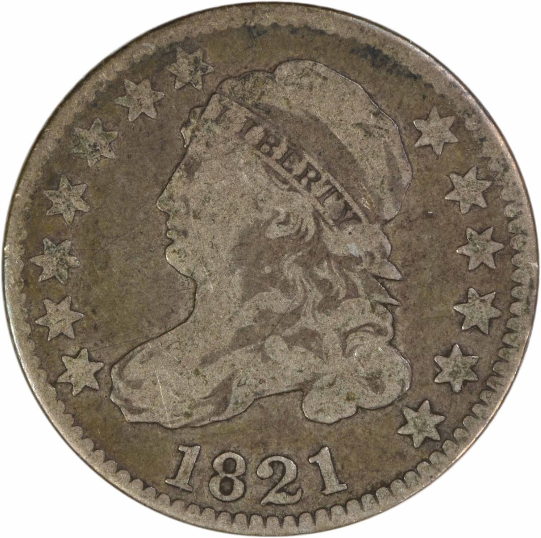 1821 Capped Bust Dime Large Date Uncertified VG Philadelphia Issue: 1821 Capped Bust Dime Large Date Uncertified VG Philadelphia Issue This 1821 Capped Bust silver dime features a large date and was minted in Philadelphia. Designed by John Reich, it is composed of 89.
