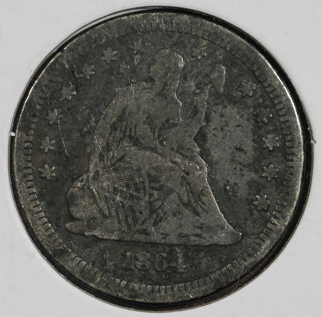 1864 Philadelphia Seated Liberty Silver Quarter 25C Rare Date: 1864 Philadelphia Seated Liberty Silver Quarter 25C Rare Date This 1864 Seated Liberty Quarter is a circulated silver coin from the United States, featuring a rare date. The coin has residue on the re