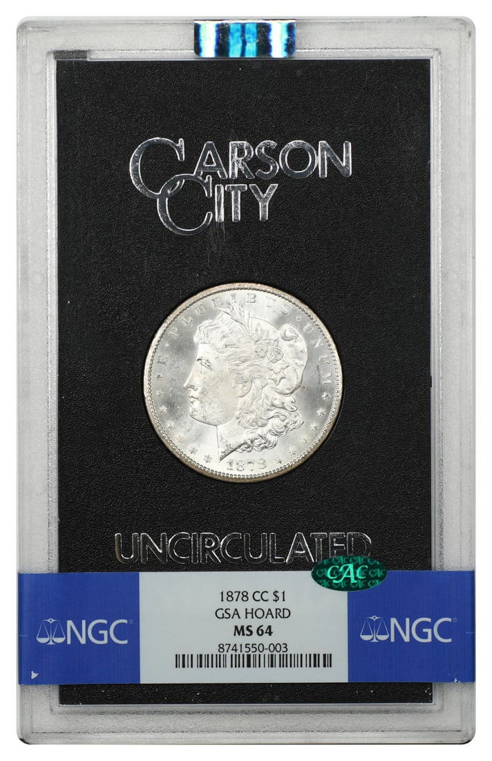 1878 Carson City Morgan Dollar $1 NGC MS64 CAC GSA Case: 1878 Carson City Morgan Dollar $1 NGC MS64 CAC GSA Case An 1878-CC Morgan Dollar certified by NGC and CAC, presented as a GSA issue housed in its original hard case. This pre-owned example is describe