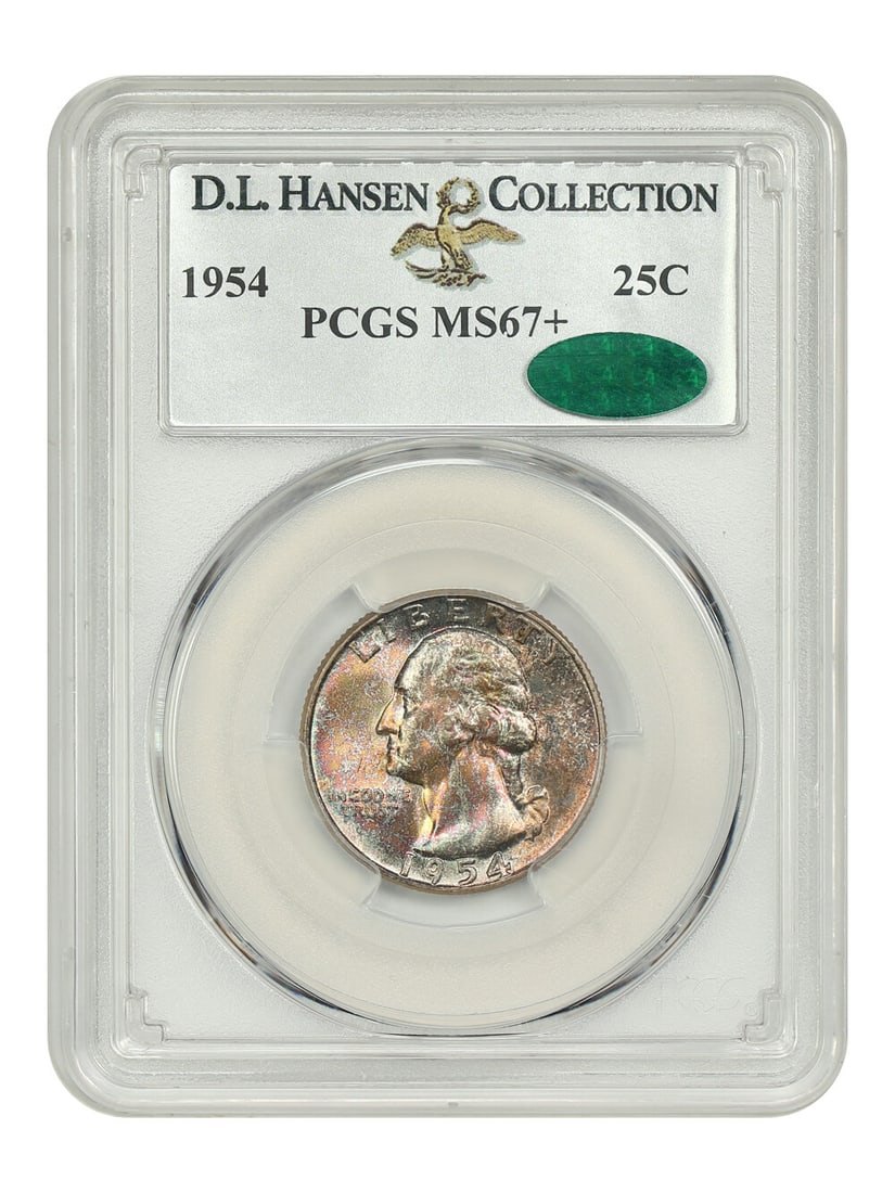 PCGS CAC MS67+ 1954 Washington Quarter ex D.L. Hansen: PCGS CAC MS67+ 1954 Washington Quarter ex D.L. Hansen 1954 Washington Quarter graded PCGS MS67+ with CAC approval, certified under certification number 35934641. This uncirculated Philadelphia issue i