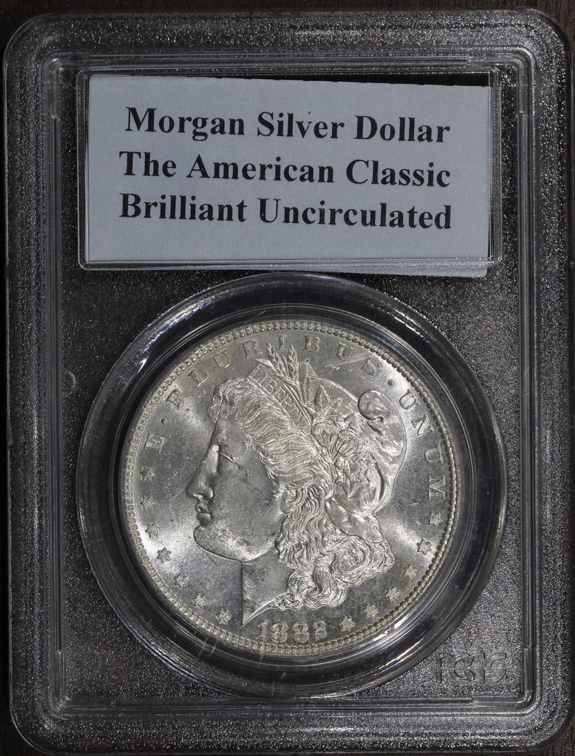 PCGS 1882-S Morgan Silver Dollar Brilliant Uncirculated: PCGS 1882-S Morgan Silver Dollar Brilliant Uncirculated This 1882 Morgan Dollar was minted in San Francisco and is composed of 90% silver. Certified by PCGS, it is in brilliant uncirculated condition,