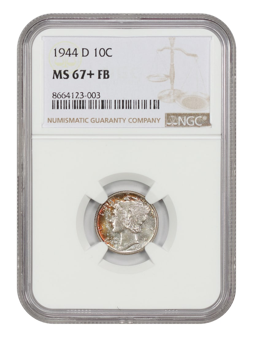 NGC MS67+FB 1944-D Mercury Dime 10C Uncirculated: NGC MS67+FB 1944-D Mercury Dime 10C Uncirculated 1944-D Mercury Dime graded MS67+FB by NGC. The coin is a 10C issue from 1944 with Denver mint location and is listed as uncirculated. Certification num